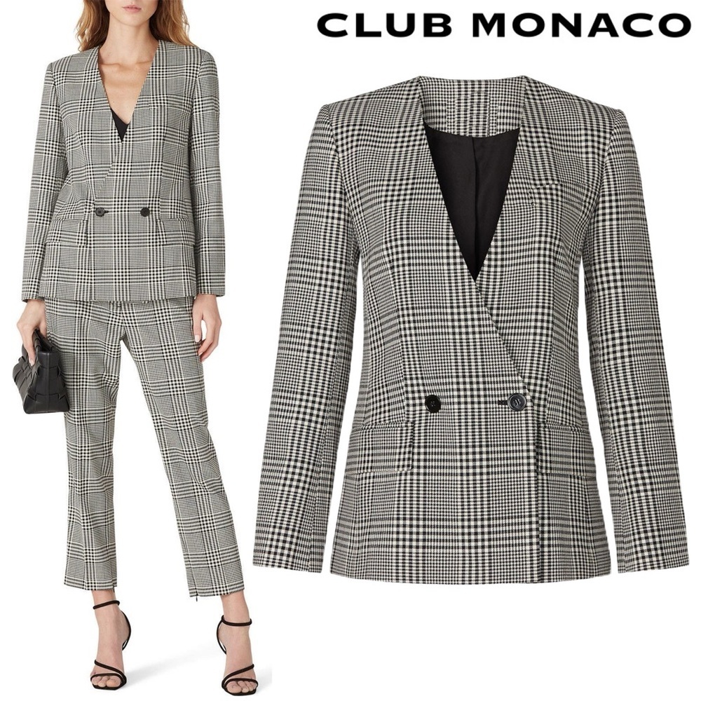 Club Monaco Black White Check Ginghams Double Breasted Collarless Blazer Jacket